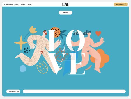 Illustration for Valentine: Love Chase - modern flat vector concept illustration of laughing naked couple running in a floral environment. Metaphor of sex, affection, love, pursuit in romance - Royalty Free Image