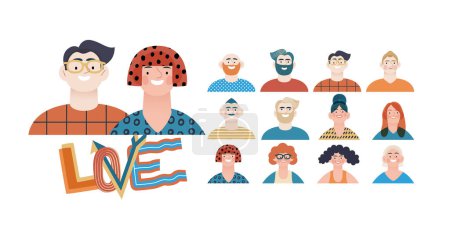 Illustration for Valentine: Spectrum of Love - modern flat vector concept illustration of a vibrant array of individual portraits celebrating loves diverse expressions. Metaphor for the universal language of love - Royalty Free Image