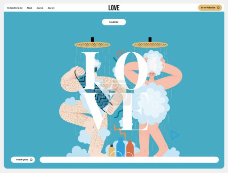 Illustration for Valentine: Shared Routine - modern flat vector concept illustration of a couple engaging in a playful shower routine together. Metaphor of intimacy in daily life, unity, affection, love, connection - Royalty Free Image