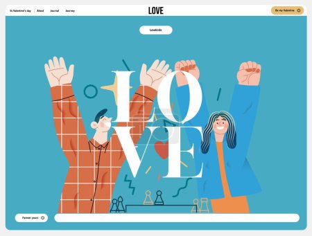 Illustration for Valentine: Joyful Success - modern flat vector concept illustration of a happy couple celebrating winning at chess with raised arms. Metaphor of love, shared achievement, affection, connection - Royalty Free Image