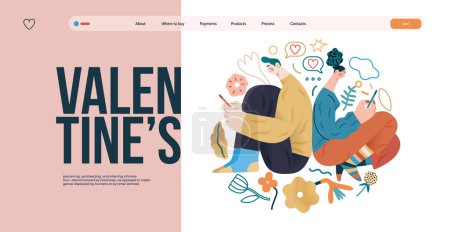 Illustration for Valentine: Digital Whispers - modern flat vector concept illustration of a couple seated close, messaging each other. Metaphor for the intimacy of modern digital communication - Royalty Free Image