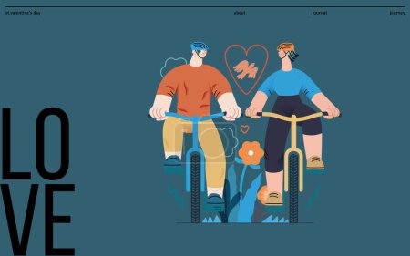 Illustration for Valentine: Tandem Journey - modern flat vector concept illustration of a couple riding the bicycles together. Metaphor for the synchronized journey of a relationship - Royalty Free Image