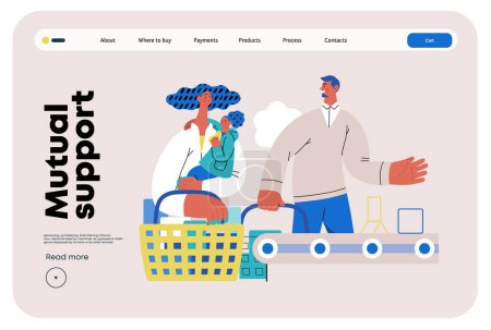 Illustration for Mutual Support: Skip ahead in line -modern flat vector concept illustration of man letting woman with child go ahead in shop checkout line A metaphor of voluntary, collaborative exchanges of services - Royalty Free Image