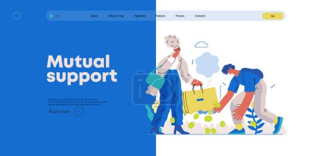 Illustration for Mutual Support: Pick up fallen item -modern flat vector concept illustration of man collecting fruits that fell from womans bag A metaphor of voluntary, collaborative exchanges of resource, services - Royalty Free Image