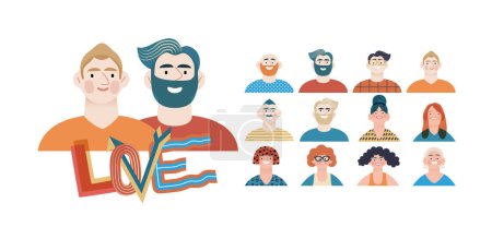 Valentine: Spectrum of Love - modern flat vector concept illustration of a vibrant array of individual portraits celebrating loves diverse expressions. Metaphor for the universal language of love