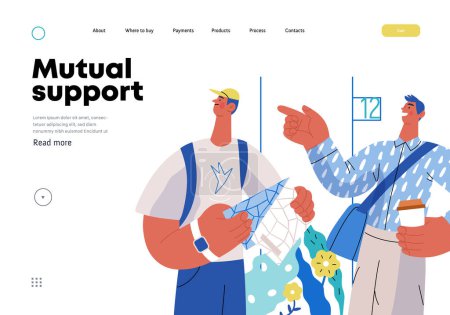 Illustration for Mutual Support: Directing a passerby -modern flat vector concept illustration of man pointing the way to a tourist. A metaphor of voluntary, collaborative exchanges of resource, services - Royalty Free Image