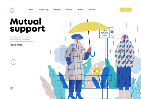 Mutual Support: Offer an umbrella to a stranger -modern flat vector concept illustration of a at a bus stop in the rain offering an umbrella A metaphor of voluntary, collaborative exchanges