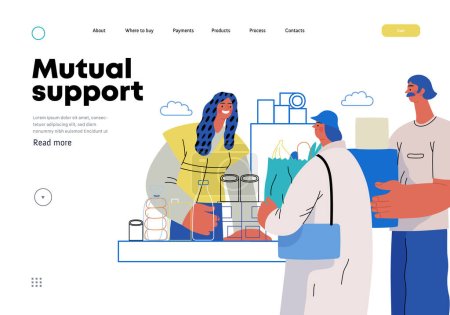 Illustration for Mutual Support: Bringing groceries to food bank -modern flat vector concept illustration of people donating food to food pantry A metaphor of voluntary, collaborative exchanges of resource, services - Royalty Free Image
