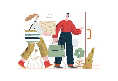 Illustration for Mutual Support: Door Holding - modern flat vector concept illustration of woman carrying heavy box and man holding door for her. A metaphor of voluntary, collaborative exchanges of resource, services - Royalty Free Image