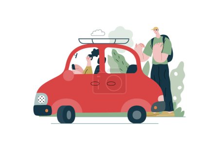 Soutien mutuel : Assistance au stationnement de la voiture moderne vecteur plat concept illustration de l'homme aider la femme avec le stationnement parallèle Une métaphore des échanges volontaires de ressources, de services