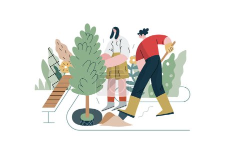 Illustration for Mutual Support: Community yard improvement -modern flat vector concept illustration of people planting trees and plants A metaphor of voluntary, collaborative exchanges of resource, services - Royalty Free Image
