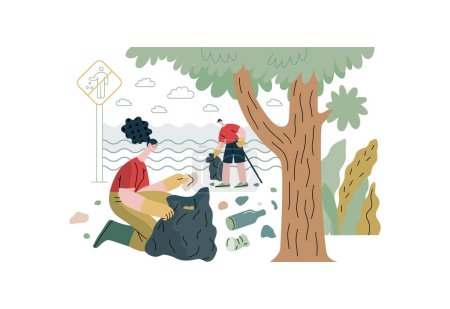 Apoyo mutuo: Limpieza de la basura, Recogida de basura moderno concepto de vector plano ilustración de las personas que recogen basura en la playa Una metáfora de voluntariado, intercambios colaborativos de recursos
