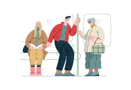 Ilustración de Apoyo mutuo Abandonar el asiento en el transporte público moderno concepto de vector plano ilustración del hombre ofreciendo su asiento a la mujer mayor en el autobús Una metáfora de voluntariado, los intercambios de servicios de colaboración - Imagen libre de derechos