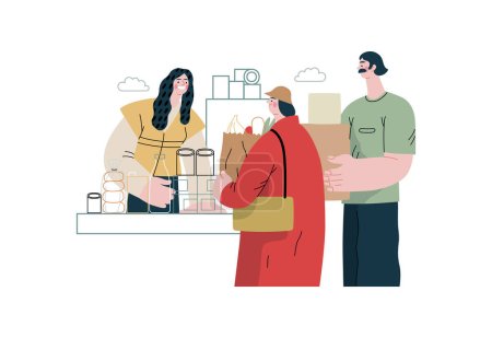 Gegenseitige Unterstützung: Lebensmittel zur Lebensmittelbank bringen - modernes flaches Vektorkonzept Illustration von Menschen, die Lebensmittel an die Speisekammer spenden Eine Metapher freiwilligen, gemeinschaftlichen Austauschs von Ressourcen, Dienstleistungen