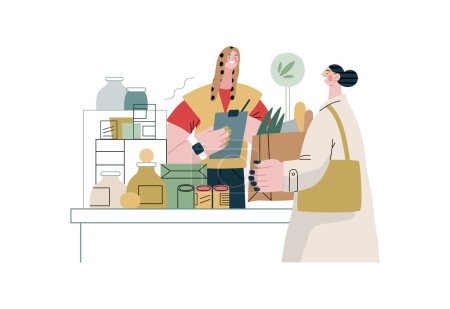 Mutual Support: Bringing groceries to food bank -modern flat vector concept illustration of people donating food to food pantry A metaphor of voluntary, collaborative exchanges of resource, services