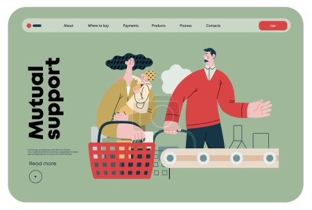 Mutual Support: Skip ahead in line -modern flat vector concept illustration of man letting woman with child go ahead in shop checkout line A metaphor of voluntary, collaborative exchanges of services