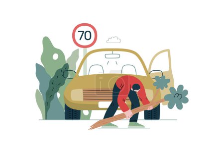 Mutual Support: Clearing an obstacle from the way -modern flat vector concept illustration of a man removing a fallen branch from the road A metaphor of voluntary, collaborative exchanges of services