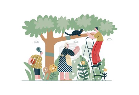 Illustration for Mutual Support: Rescue cat from tree -modern flat vector concept illustration of elderly woman and man on a ladder under the tree Metaphor of voluntary, collaborative exchanges of resource, services - Royalty Free Image