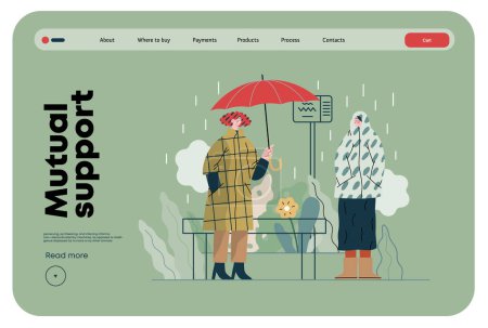 Soporte mutuo: Ofrezca un paraguas a un concepto de vector plano extraño-moderno ilustración de una parada de autobús en la lluvia que ofrece un paraguas Una metáfora de intercambios voluntarios y colaborativos