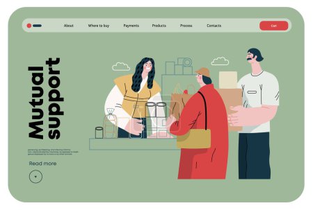 Illustration for Mutual Support: Bringing groceries to food bank -modern flat vector concept illustration of people donating food to food pantry A metaphor of voluntary, collaborative exchanges of resource, services - Royalty Free Image