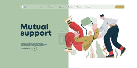 Mutual Support, Assisting Falling Person- modern flat vector concept illustration of man slipping, another supports him, preventing fall. Metaphor of voluntary, collaborative exchange of service