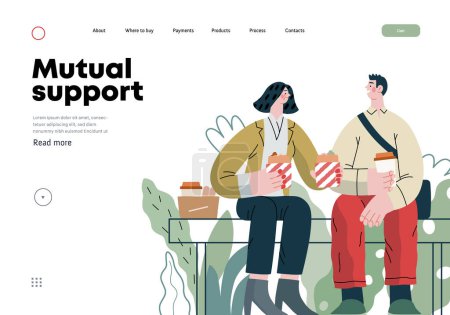 Illustration for Mutual Support: Share food -modern flat vector concept illustration of woman offering half of her lunch to colleague in the park. A metaphor of voluntary, collaborative exchanges of resource, services - Royalty Free Image