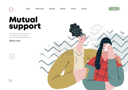 Illustration for Mutual Support: Emotional aid and support -modern flat vector concept illustration of a woman comforting her friend in her sorrow A metaphor of voluntary, collaborative exchanges of resource, services - Royalty Free Image