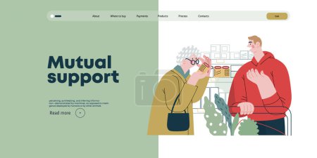 Illustration for Mutual Support: Helping a visually impaired person -modern flat vector concept illustration of man offering to read label for woman in supermarket A metaphor of voluntary, collaborative exchanges - Royalty Free Image