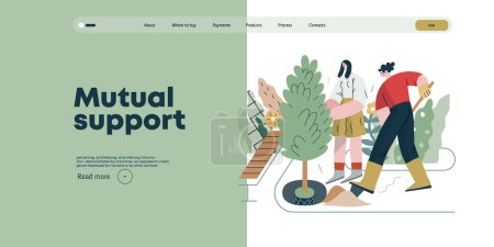 Illustration for Mutual Support: Community yard improvement -modern flat vector concept illustration of people planting trees and plants A metaphor of voluntary, collaborative exchanges of resource, services - Royalty Free Image