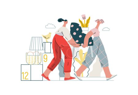 Illustration for Mutual Support: Assistance with Moving -modern flat vector concept illustration of women collaboratively moving household items A metaphor of voluntary, collaborative exchanges of resource, services - Royalty Free Image
