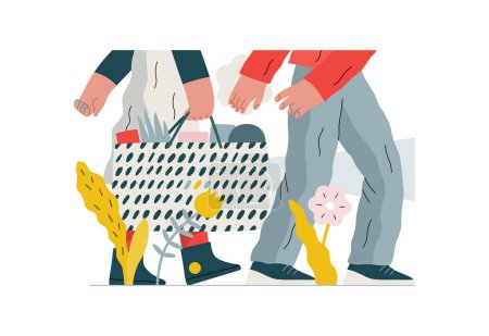 Mutual Support: Helping carry a heavy bag -modern flat vector concept illustration of a woman carrying shopping bag being assisted by man. Metaphor of voluntary, collaborative exchanges of services