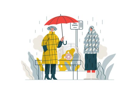Ilustración de Soporte mutuo: Ofrezca un paraguas a un concepto de vector plano extraño-moderno ilustración de una parada de autobús en la lluvia que ofrece un paraguas Una metáfora de intercambios voluntarios y colaborativos - Imagen libre de derechos