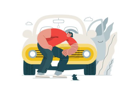 Mutual Support: Adopting a stray animal -modern flat vector concept illustration of man stopping his car for a kitten on the road A metaphor of voluntary, collaborative exchanges of resource, services