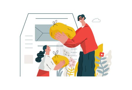 Mutual Support Giving clothes to donation bins -modern flat vector concept illustration of people placing bags of clothes into drop-off box A metaphor of voluntary, collaborative exchanges of resource