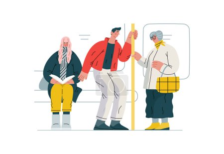Gegenseitige Unterstützung Verzicht auf einen Sitz im öffentlichen Verkehr - modernes Flat-Vektor-Konzept Illustration eines Mannes, der einer älteren Frau seinen Sitz im Bus anbietet Eine Metapher für freiwilligen, gemeinschaftlichen Austausch von Dienstleistungen