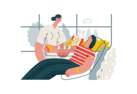 Illustration for Mutual Support: Blood donation -modern flat vector concept illustration of a nurse and woman donating blood A metaphor of voluntary, collaborative exchanges of resource, services - Royalty Free Image