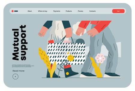 Mutual Support: Helping carry a heavy bag -modern flat vector concept illustration of a woman carrying shopping bag being assisted by man. Metaphor of voluntary, collaborative exchanges of services
