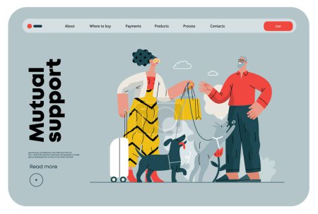 Illustration for Mutual Support: Pet-sitting -modern flat vector concept illustration of a woman going on vacation leaving her dogs with neighbor. A metaphor of voluntary, collaborative exchanges of resource, services - Royalty Free Image