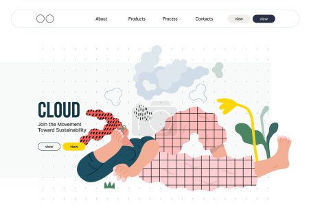 Téléchargez les illustrations : Life Unframed : Cloud dreamer illustration de concept vectoriel plat moderne d'une fille regardant des nuages. Métaphore d'imprévisibilité, d'imagination, de fantaisie, de cycle d'existence, de jeu, de croissance et de découverte - en licence libre de droit