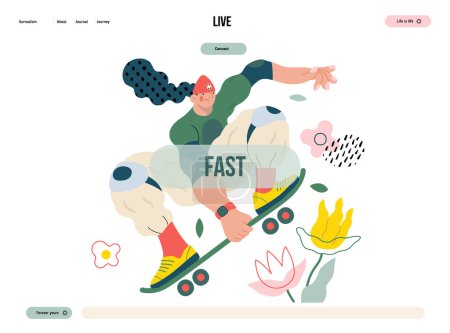 Téléchargez les photos : Life Unframed : Skateboarder concept vectoriel plat moderne illustration de patineur sautant au-dessus des fleurs. Métaphore d'imprévisibilité, d'imagination, de fantaisie, de cycle d'existence, de jeu, de croissance et de découverte - en image libre de droit
