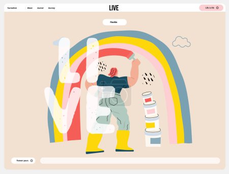 Illustration for Life Unframed: Rainbow artist -modern flat vector concept illustration of a man drawing a rainbow. Metaphor of unpredictability, imagination, whimsy, cycle of existence, play, growth and discovery - Royalty Free Image