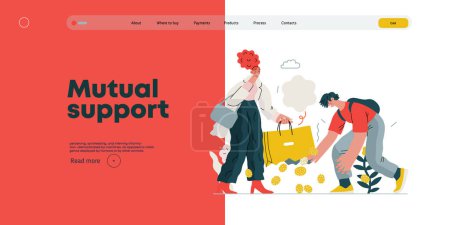 Illustration for Mutual Support: Pick up fallen item -modern flat vector concept illustration of man collecting fruits that fell from womans bag A metaphor of voluntary, collaborative exchanges of resource, services - Royalty Free Image