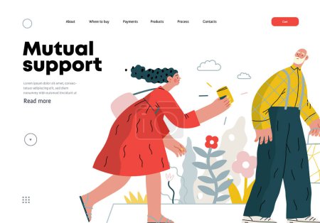 Mutual Support: Picking Up the Dropped Item -modern flat vector concept illustration of a woman who picked up a wallet lost by an elderly man Metaphor of voluntary, collaborative exchanges of services