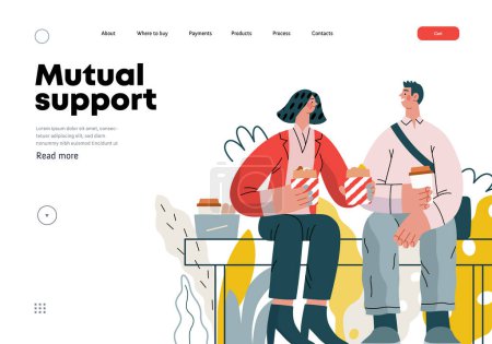 Illustration for Mutual Support: Share food -modern flat vector concept illustration of woman offering half of her lunch to colleague in the park. A metaphor of voluntary, collaborative exchanges of resource, services - Royalty Free Image