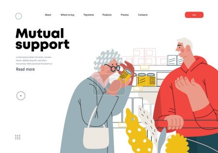 Illustration for Mutual Support: Helping a visually impaired person -modern flat vector concept illustration of man offering to read label for woman in supermarket A metaphor of voluntary, collaborative exchanges - Royalty Free Image