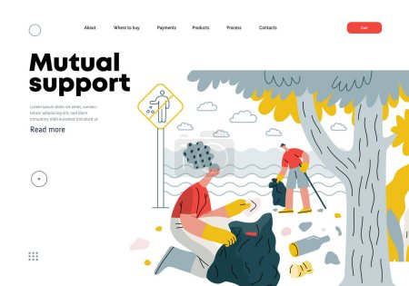 Mutual Support: Cleaning up trash, Garbage collection -modern flat vector concept illustration of people collecting trash on the beach A metaphor of voluntary, collaborative exchanges of resource