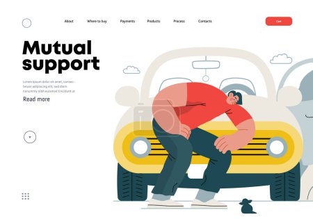 Illustration for Mutual Support: Adopting a stray animal -modern flat vector concept illustration of man stopping his car for a kitten on the road A metaphor of voluntary, collaborative exchanges of resource, services - Royalty Free Image