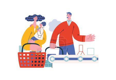 Mutual Support: Skip ahead in line -modern flat vector concept illustration of man letting woman with child go ahead in shop checkout line A metaphor of voluntary, collaborative exchanges of services