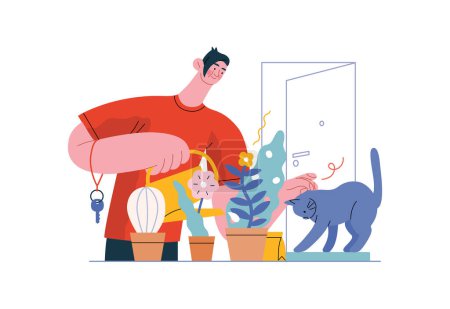 Gegenseitige Unterstützung: Kümmert euch um das Haus der Nachbarn - modernes Wohnungsvektorkonzept Illustration des Menschen, der Pflanzen gießt, kümmert sich um die Katze der Nachbarn Eine Metapher des freiwilligen, gemeinschaftlichen Austauschs von Dienstleistungen