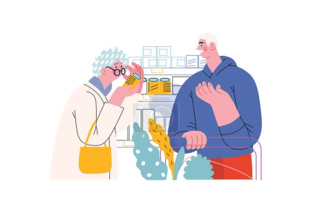 Mutual Support: Helping a visually impaired person -modern flat vector concept illustration of man offering to read label for woman in supermarket A metaphor of voluntary, collaborative exchanges